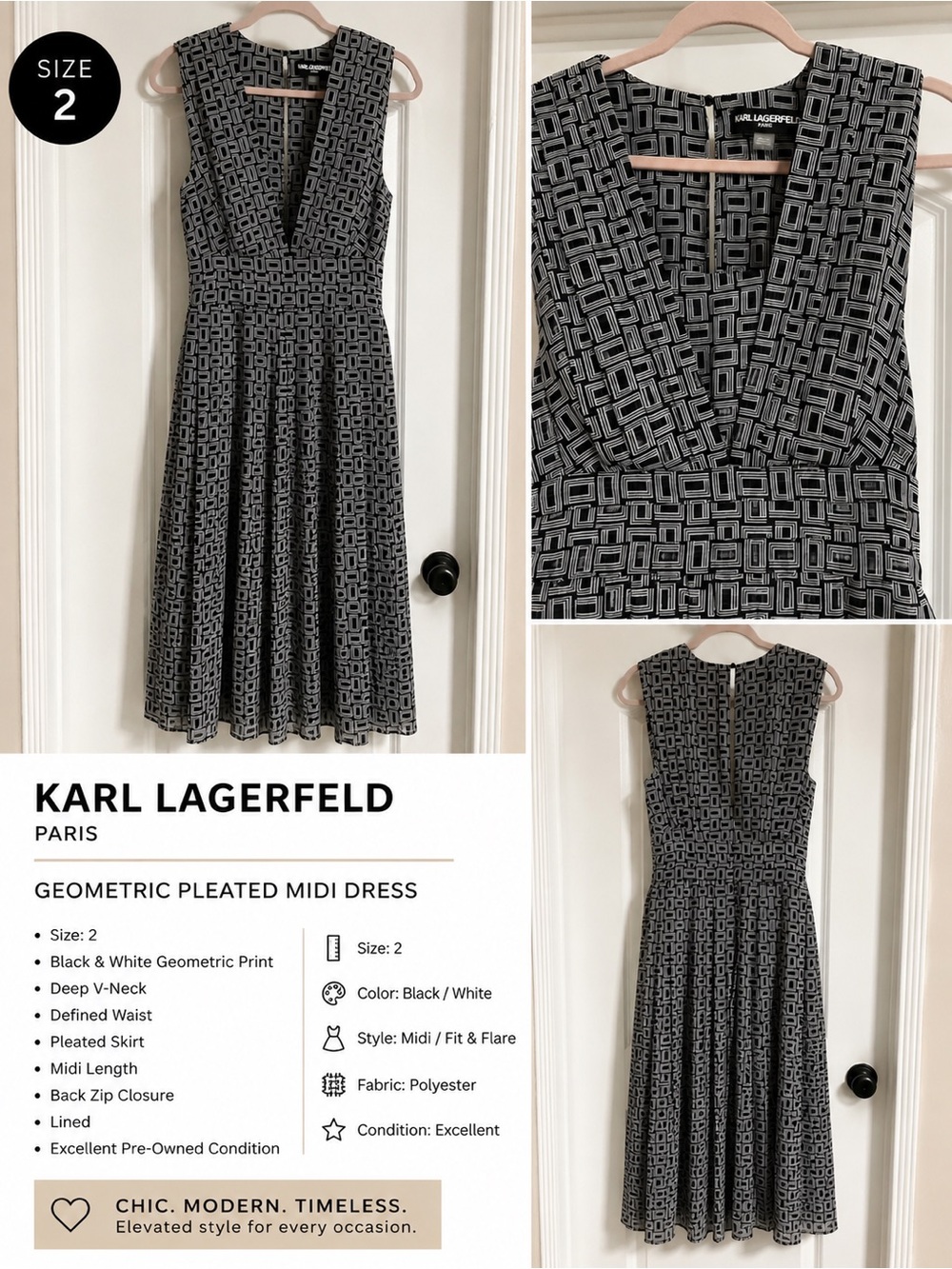 Karl Lagerfeld Black and White Geometric V-Neck Midi Dress